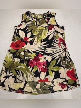 Jasmine 100% Linen Tropical Floral Sleeveless High-Low Tunic Top Large